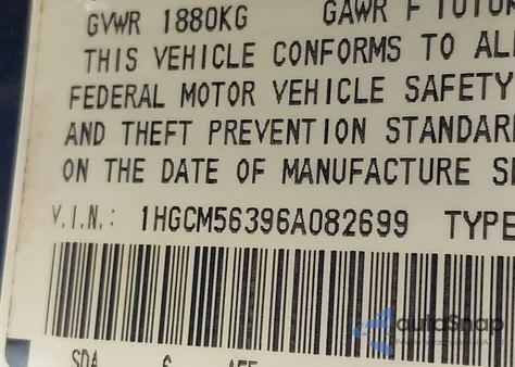2006 Honda Accord 2.4 Se from USA, damaged, VIN 1HGCM56396A082699